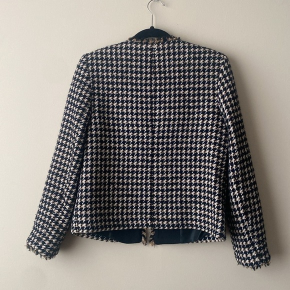 Zara Wool Tweed Houndstooth Boxy Fringe Hem Blazer Neutral Jacket size Small - Picture 8 of 13